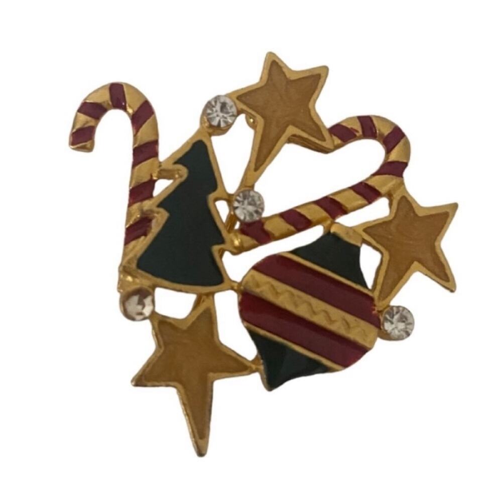 Vintage Gold‑Tone Enamel Rhinestone Christmas Ornament Brooch Pin GUC